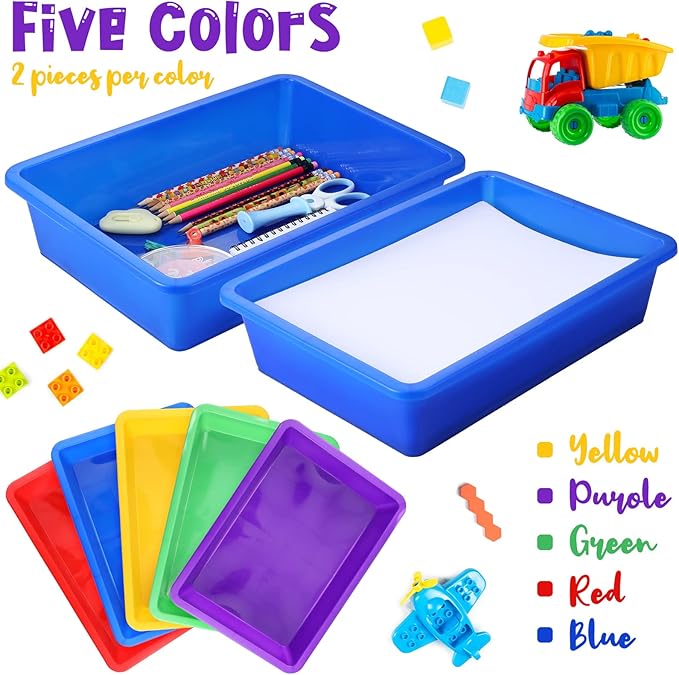 Hoteam 10 Pcs Flat Storage Organizer Tray Bin Letter Size Paper Tray for Classroom Plastic Stackable File Organizer for School Office Teacher Book Organization（ Multicolor, 13.78 x 9.84 x 3.15 Inch）