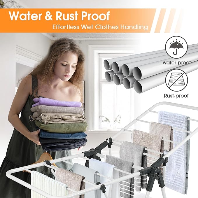 Clothes Drying Rack, Metal Foldable Laundry Drying Rack, with Adjustable Height Levels Wings, Space Saving, Indoor Outdoor Use, White Free-Standing Airer
