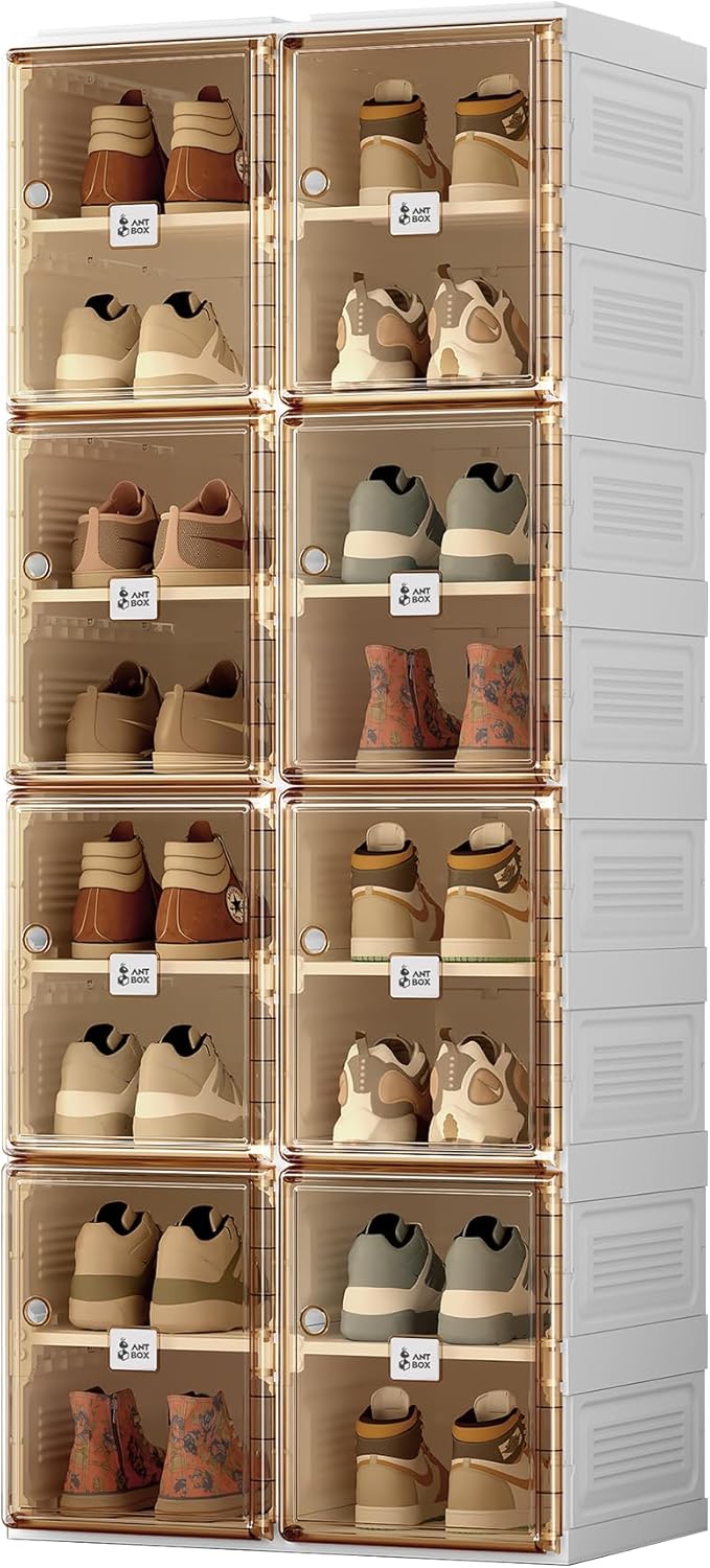 ANTBOX Shoe Organizer Storage Box, Portable Folding Shoe Rack For Closet With Magnetic Clear Door,Large Sneaker Cabinet Bins Sturdy Easy Assembly 8 Layers-16 Grids