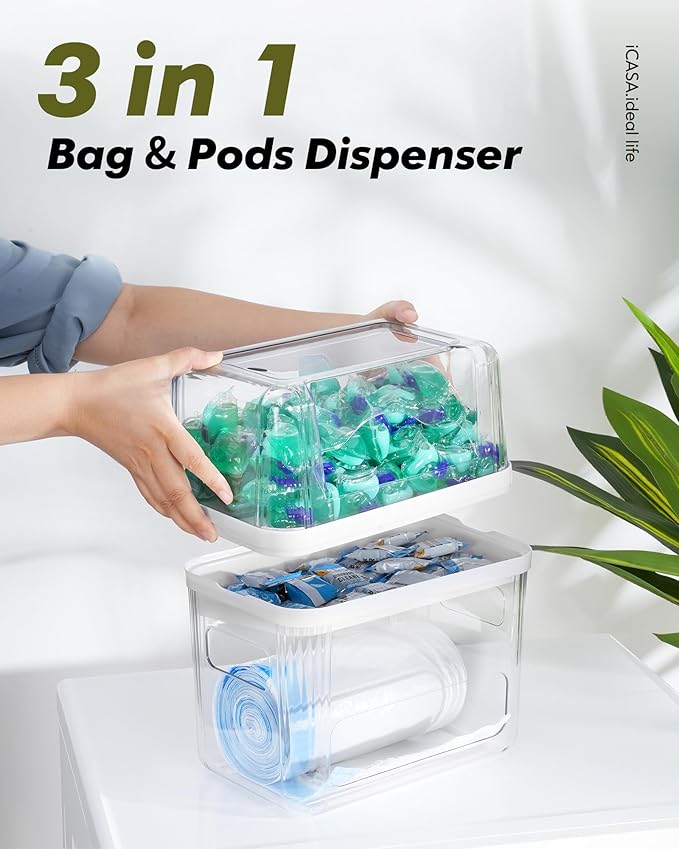 Trash Bag Dispenser Dishwasher Pod Organizer, 3 in 1 Grocery Garbage Bags Holder Storage Box Clear Laundry Room Pods Dishwasher Tab Cleaner Tablets Container Pantry Kitchen Under Sink Organizers