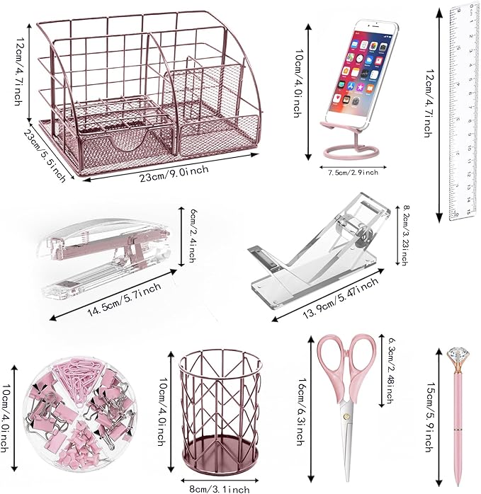 Office Desk Organizers, Pink 13PCS Office Supplies and Accessories Desk organizer, Acrylic Stapler, Staple Remover, Clips, Scissor, Phone Holder, Pen, Pen Holder