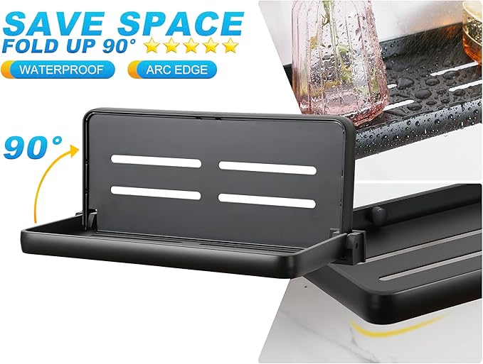 Small Folding Wall Shelf for Bathroom & RV - 90° Fold Up and Waterproof, Small Floating Metal Shelf for Laundry Room, Toilet Room & Sink Side, Aluminum, Save Space (2-Pack, Black)