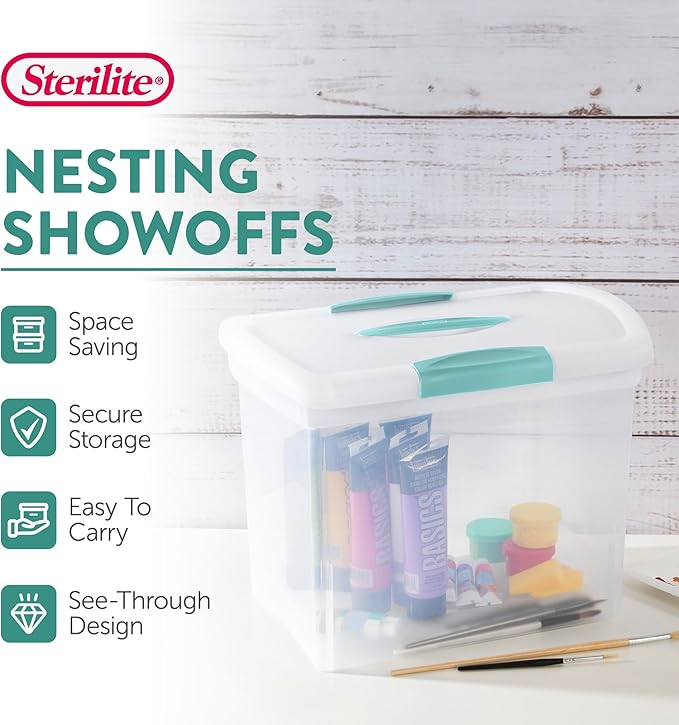 Sterilite Large Nesting ShowOffs Stackable Storage Bin, Latching Organizer Tote with Handle, Plastic Box for File Organization, Clear, 12-Pack