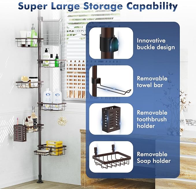 Corner Shower Caddy Tension Pole,Adjustable 30-120 Inch Bathroom Organizer Storage,Rustproof 6-Tier Shower Corner Shelves,Towel Rack, Toothbrush Holder, Soap Dish Organizers
