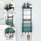 Towel Rack for Bathroom, Black Metal Wall Mounted Towel Holder with Shelf and 4 Hooks, Bathroom Towel Storage Organizer