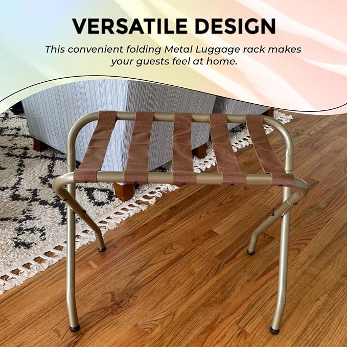 Kings Brand Furniture Anderson Folding Luggage Rack - Suitcase Stand With Storage Shelf - Folding Luggage Rack for Guest Room and Bedroom - Sturdy Portable and Stylish Metal Suitcase Stand - Gold