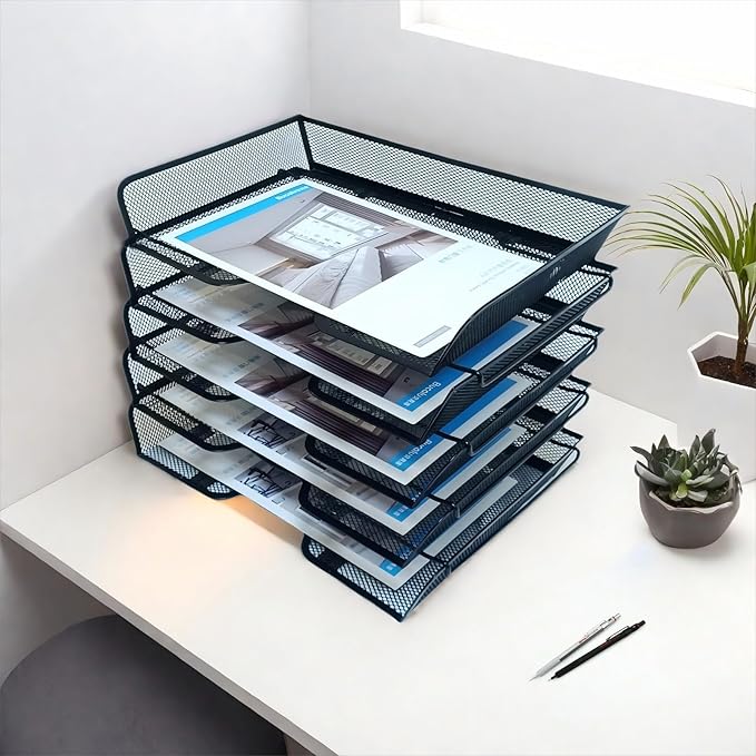 5 Tier Metal Mesh Desk Organizer-Stackable Letter Trays for Office Supplies,Black File Storage System with Reinforced Edges