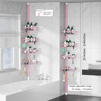 Corner Shower Caddy Tension Pole - Pink - Rustproof Adjustable Bathroom Organizer Shelf for Shampoo, 25–114.2 Inch Shower Rack for Renters, Apartments