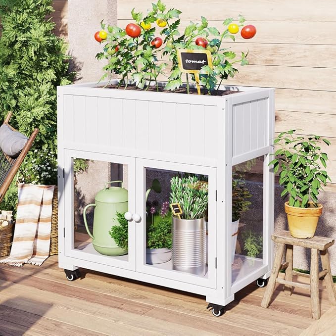Patio 35.4''x17.7''x37.4'' Mini Wood Cold Frame, Compact 2 Doors Garden Greenhouse with Wheels, Raised Bed with Liner for Indoor Outdoor Use (White)
