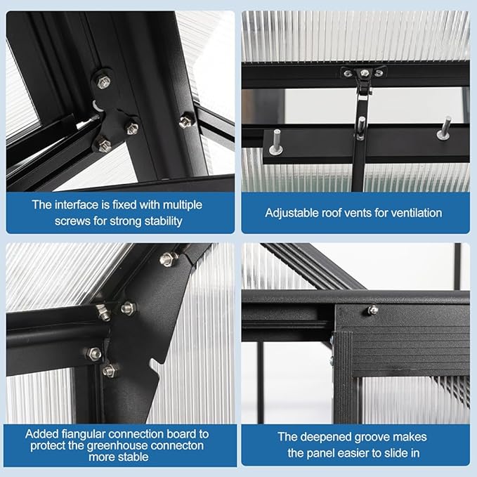 Double Sliding Door Polycarbonate Greenhouse with Rain Gutter and Roof Vent, Raised Base and Anchor Aluminum Heavy Duty Walk-in Green House, Outdoor Patio Sunroom (Black, 73.75*94.5*89.5in)