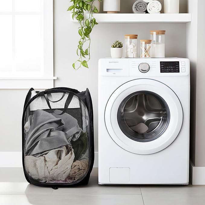 9Pcs Mesh Hamper Pop up Hampers for Laundry Foldable Laundry Basket with Sturdy Handles (Black/White/Blue) Dirty Clothes Baskets for Bedroom College Dorm Travel Storage