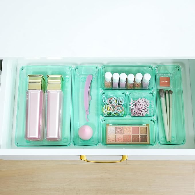 Kitchen Desk Drawer Organizers Storage for Office, Small Acrylic Vanity Trays Makeup for Drawer Bathroom Plastic Make up Organizers 25 Pcs Green