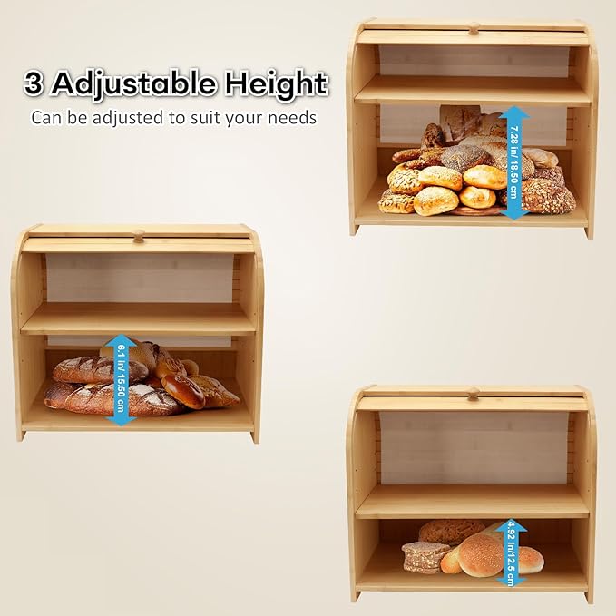 Bread Box for Kitchen Countertop, Double Layer Bamboo Bread Storage Container for Homemade Bread, Roll Top Bread Box with 3 Adjustable Height for Kitchen Counter, Natural Breadbox Organizer