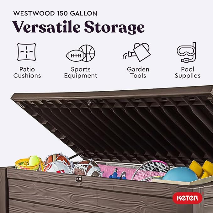 Keter Westwood 150 Gallon Deck Box Organizer, Doubles as 2-Person Bench Seat, Brown – Large Resin Outdoor Storage and Seating with Lockable Lid for Garden, Pool, and Patio