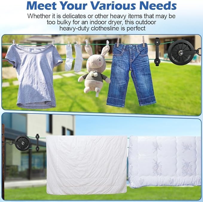 Outdoor Clothesline Kit, 150ft Green PVC Coated Galvanized Clothes Line Pulley Kit with 6.3" Clothesline Pulley, M8 Metal Hooks, 3Pcs Separator, Outdoor Clothes Line Heavy Duty