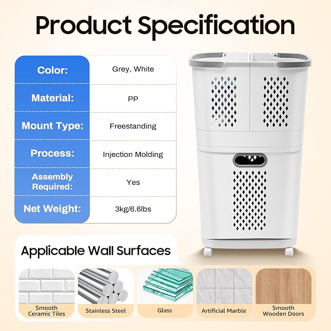 2-Layer Rolling Laundry Hamper Sorter, Multi-functional Clothes Separation Basket with Wheels Floor-Standing Plastic Laundry 3 Baskets for Home