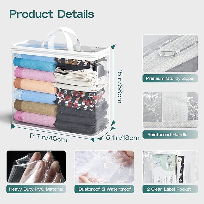 5PACK Clear Zippered Storage Bag for Clothes, 22L Clear Storage Bags, and Blanket Storage Bags for Bedding, Blankets, Comforters, Clothing, Books, DVD & CD (White)