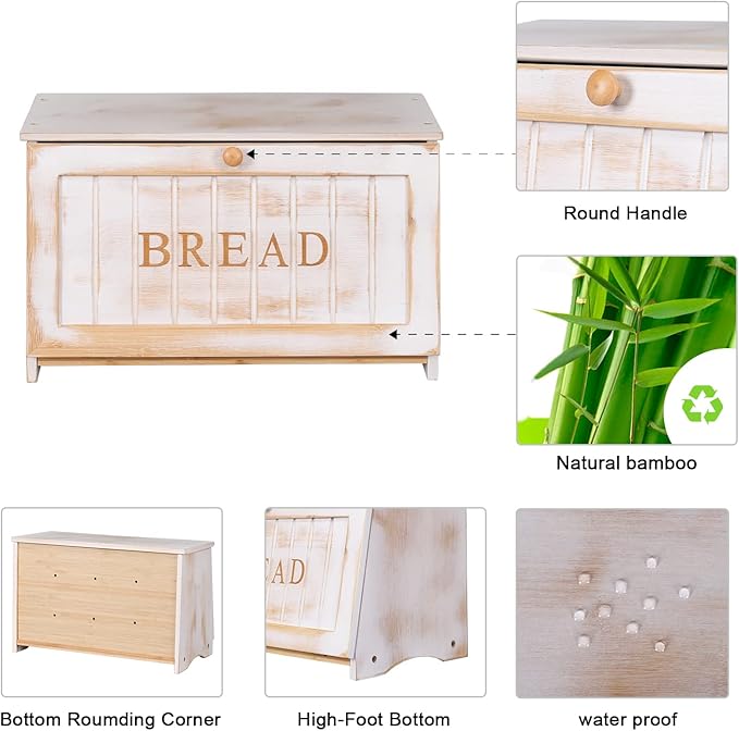 HOMEKOKO Vintage Large Wood Bread Box for Kitchen Counter, Retro Design Single Layer Bamboo Large Capacity Food Storage Bin (White)
