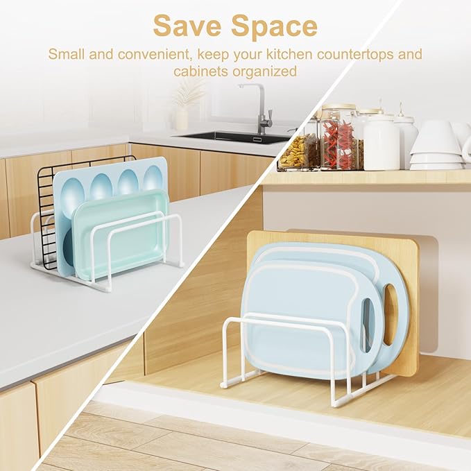 Cutting Board Organizer and Baking Sheet Rack, [2-Pack] White Heavy Duty Metal Cookie Sheet Organizer for Cutting Board Storage & Plate Holder for Cabinet, Tray Dividers for Cabinets