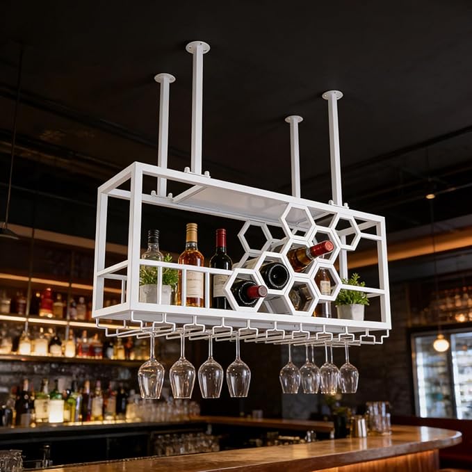 Hanging Wine Rack, 39in Heavy Duty Ceiling Mounted Wine Bottle & Glass Holder, 150lbs Load Capacity Storage Rack, for Bar, Kitchen, Restaurant, Cellar (White)