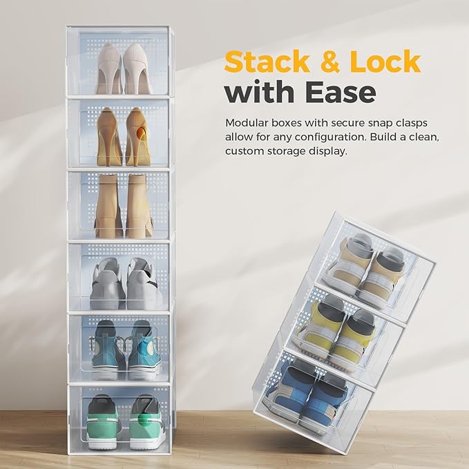 NEWBULIG 15 Pack Clear Shoe Storage Boxes, Shoe Organizer for Closet with Lid, Durable PE Transparent Shoe Containers Ideal for Sneakers, Heels & Boots, White