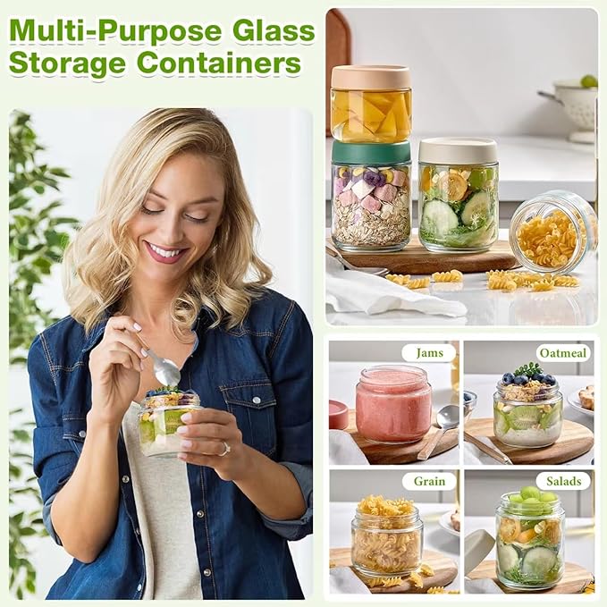 8 Pack Overnight Oats Containers with Lids, Large & Small Glass Mason Jars 16oz & 10 oz, Breakfast Oatmeal Container to Go, Salad Meal Prep Jars for Food Storage, Mush Chia Seed Pudding Jars
