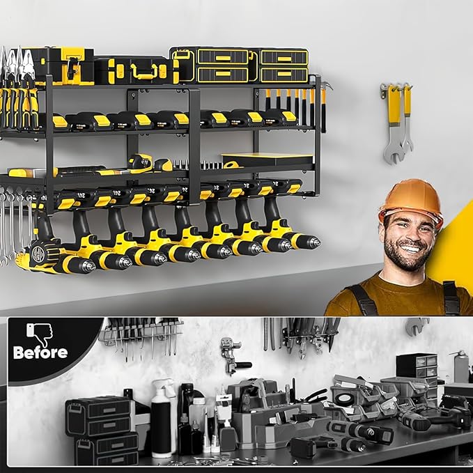 32" W Large Power Tool Organizer Wall Mount, 4 Tiers Heavy Duty Metal Garage Storage Racks, Drill Hanger Storage Rack with 8 Drills Holder, Utility Racks for Garage Workshop