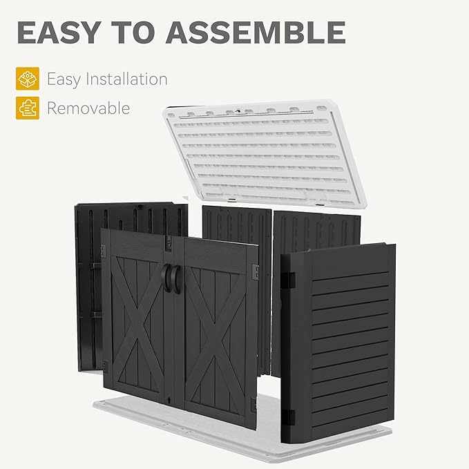 DWVO 35 Cu Ft Storage Shed with Unique X-Shaped Lockable Door, Outdoor Weatherproof Resin Shed Without Shelf for Waste Bins, Bicycles, Gardening & Lawn Equipment, Dark Gray