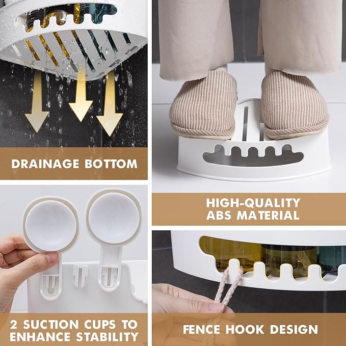 LEVERLOC Corner Shower Caddy Suction Cup, Shower Caddy Basket Powerful Suction Bathroom, Waterproof & Rustproof Organizer for Bathroom Storage, No-Drilling Removable (White)
