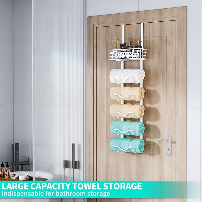 HapiRm Over The Door Towel Rack - 6 Tier Wall Mount Rolled Towel Holder Storage Organizer Shelf with Storage Basket for Small Bathroom, Rv, Camper - White