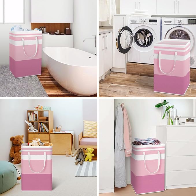 HomeHacks 2 Pack Large Laundry Baskets, Waterproof, Freestanding Laundry Hampers, Collapsible Clothes Hamper with Reinforced Handles in Laundry, College Dorm, Bathroom, Bedroom (Grey+Pink, 88Lx2)
