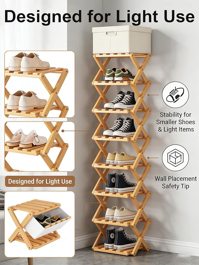 The 9-Tier No-Assembly Bamboo Rack, New Upgrade 9 Tier Bamboo Shoe Rack, Space-Saving Tall Narrow Accordion Shoe Rack for Entryway Closet Dorm (Brown-4)