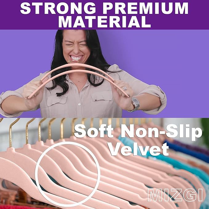 MIZGI Premium Velvet Hangers Pack 60 Pcs Heavyduty - Non Slip Slimline - Velvet Suit Hangers Blush Pink - Gold Hooks,Space Saving Clothes Hangers