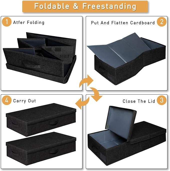 punemi Under Bed Storage Containers, Set of 2 Low Profile Under Crib Storage Bins With Lid, Large Sturdy Under Bed Clothes Drawer Organizers Box for Dorm Room Couch Closet Basement, Black
