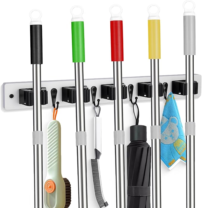 2 Pack Broom Holder Wall Mount With 5 Slots & 4 Hooks，Rustic Wood Broom & Mop Hanger，Wall Mounted Garden & Garage Tool Storage Organizer Rack for Closet Laundry Room or Kitchen Wall Decor White