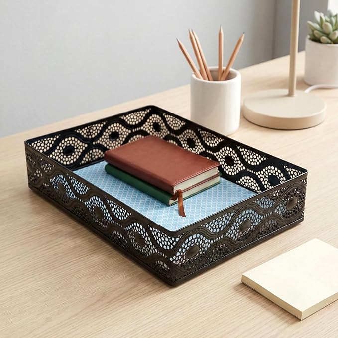 Desk Drawer Organizer, A4 Large Metal Mesh Desk Rrganizer Tray, Carved Hollow Floral Tray, Versatile Storage Box Set for Office Home Supplies,13x9x3 inches (Curved,2 PCS)