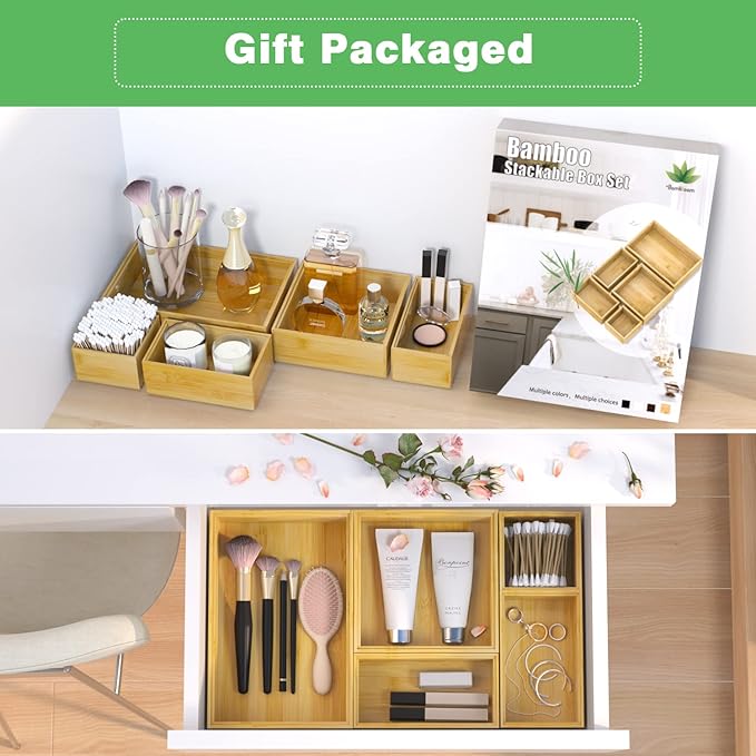 Bamboo Bathroom Drawer Organizer Dividers, Wooden Kitchen Utensil Holder Set of 5, Stackable Junk Drawer Organizer Tray, Multi-Use Storage Bins Boxs for Home, Office, Clothing, Makeup, Jewelry