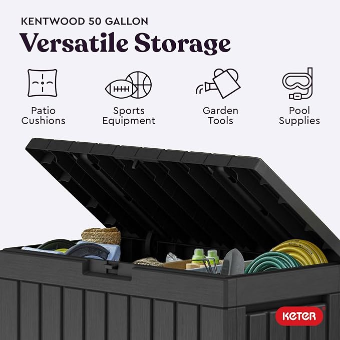 Keter Kentwood 50 Gallon Resin Deck Box-Organization and Storage for Patio Cushions, Throw Pillows and Garden Tools, Dark Grey