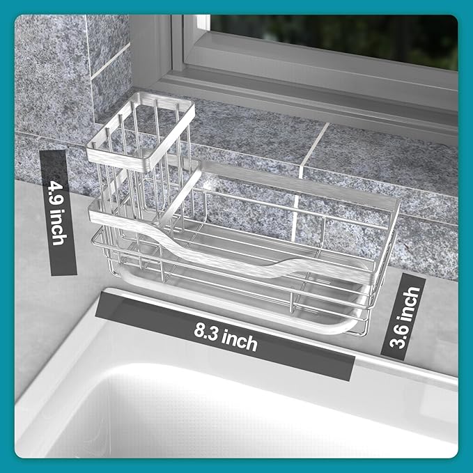 Vanwood Kitchen Sink Caddy Organizer Sponge Holder for Kitchen Sink, Rustproof Dish Soap Sponge Caddy for Counter with Detachable Brush Holder & Drain Tray - Storage Home & Cocina Accesorios, SILVER