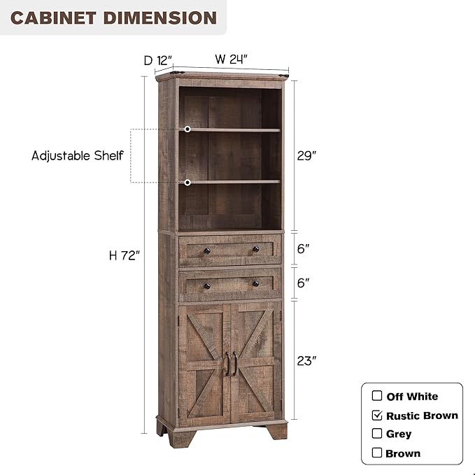 ACCOHOHO Farmhouse Bathroom Cabinet, 72" Tall Storage Cabinet with 2 Drawers, Adjustable Shelves & Barn Door, Cabinets for Bathroom, Living Room, Kitchen, Rustic Brown