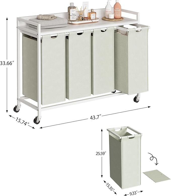 Laundry Hamper with Shelf, Laundry Basket 4 Section, Laundry Sorter with Pull-Out Removable Large Bags and Movable Wheels, Metal Frame, 4 x 15.87 Gallons (60L), White PF07XLW