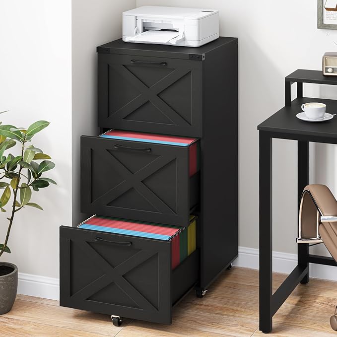 3 Drawer Tall File Cabinet with Wheels, Farmhouse Vertical Filing Cabinet Fits Letter/A4 Size, Rolling File Cabinets Wooden Printer Stand for Home Office, Black