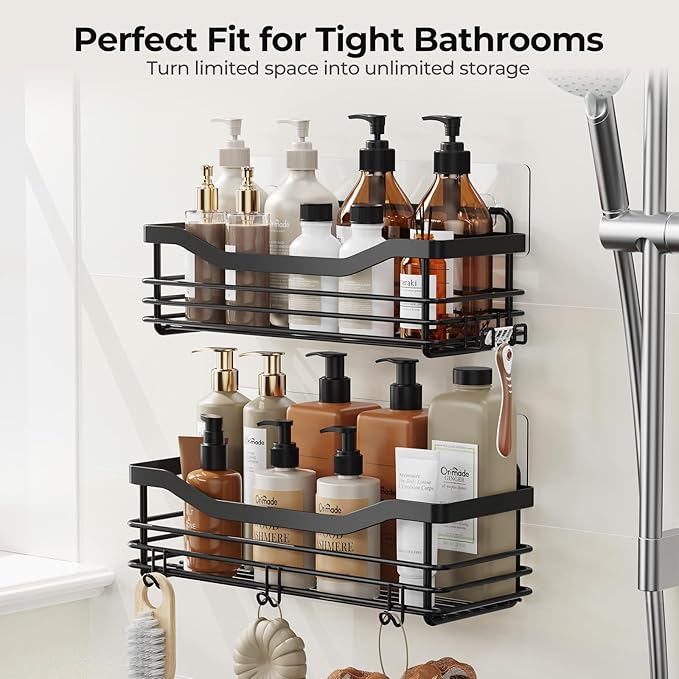Orimade Shower Caddy Basket Shelf Storage Rack, No Drilling Wall Mounted Adhesive Rust Proof Stainless Steel Shower Organizer with 5 Hooks for Bathroom, Black 2 Pack