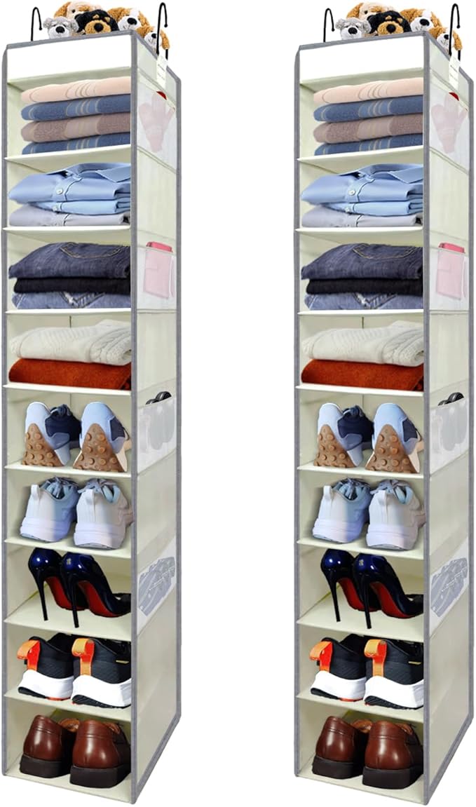 2 Pack Large-Sized Hanging Shoe Organizer 10-Shelf, Sturdy Hanging Closet Organizer with 8 Side Pockets, Wider Hanging Shelves for Storage Shoes Clothes Jeans Shirts Toys, Beige