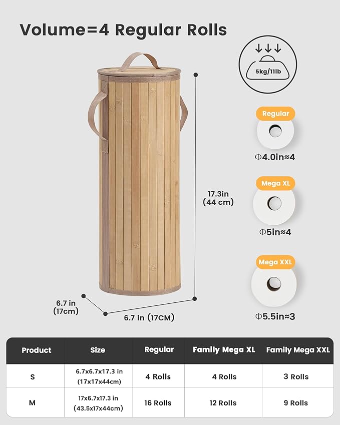 Bamboo Toilet Paper Storage Basket with Lid & Handle - 10L Handwoven Bathroom Organizer for 4 Rolls - Sturdy Stand Holder for Toilet Paper Organization, Natural