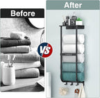 Towel Rack for Bathroom, Black Metal Wall Mounted Towel Holder with Shelf and 4 Hooks, Bathroom Towel Storage Organizer