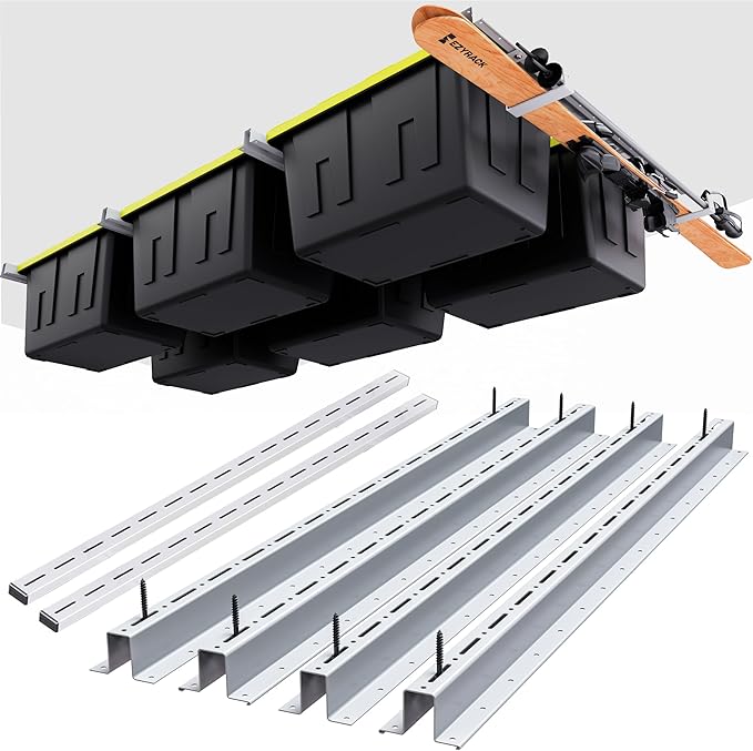 Adjustable Overhead Tote Rail System. Garage Bin Storage. Tote Lift Pro Storage Rack. Ceiling Mounted Bin Organizer – Heavy Duty Ezy Strut & Hat Channel Design – 90" x 25" x 4" (Pack G)