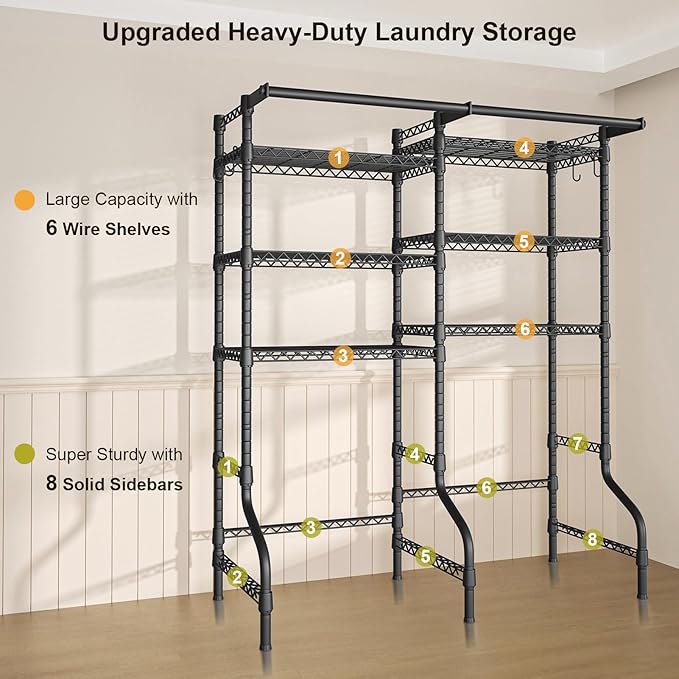 Ulif U13 Over Washer and Dryer Storage Shelves, 6 Tiers Laundry Room Standing Shelf with 2 Hanger Rods, Space Saver Clothes Drying Rack, 63.4" W x 22" D x 77.4" H, Black