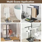 NADAMOO Towel Holder Stand with Stone Drying Tray, Adjustable Height 13.8"-24" Extra Tall for Countertop, Wide Stable Base, Rustproof Black Metal, Double Bar Hand Towel Rack for Bathroom & Kitchen