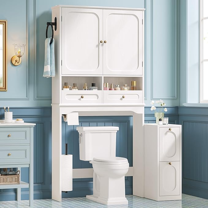Over the Toilet Storage Cabinet with Mobile Bathroom Storage Cabinet & 3 Adjustable Shelves, Bathroom Storage Cabinet Over Toilet with 4 Section Drawers for Bathroom, Laundry Room, White